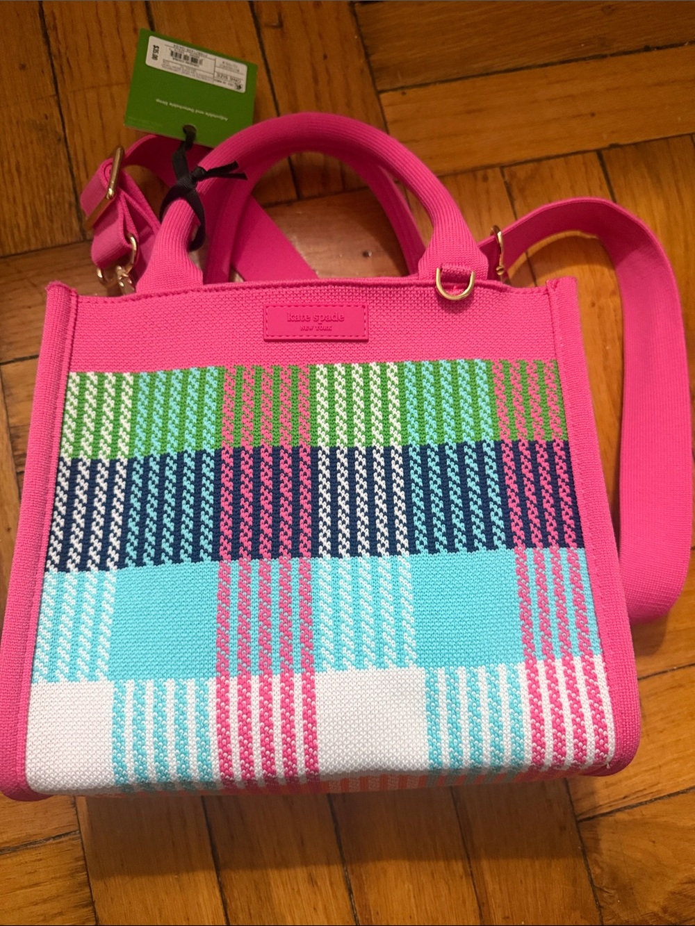 kate spade Pink Woven Plaid Tote with Multicolor Stripe Accents